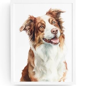 Watercolor Australian Shepherd Dog Portrait Wall Art Print, Unframed